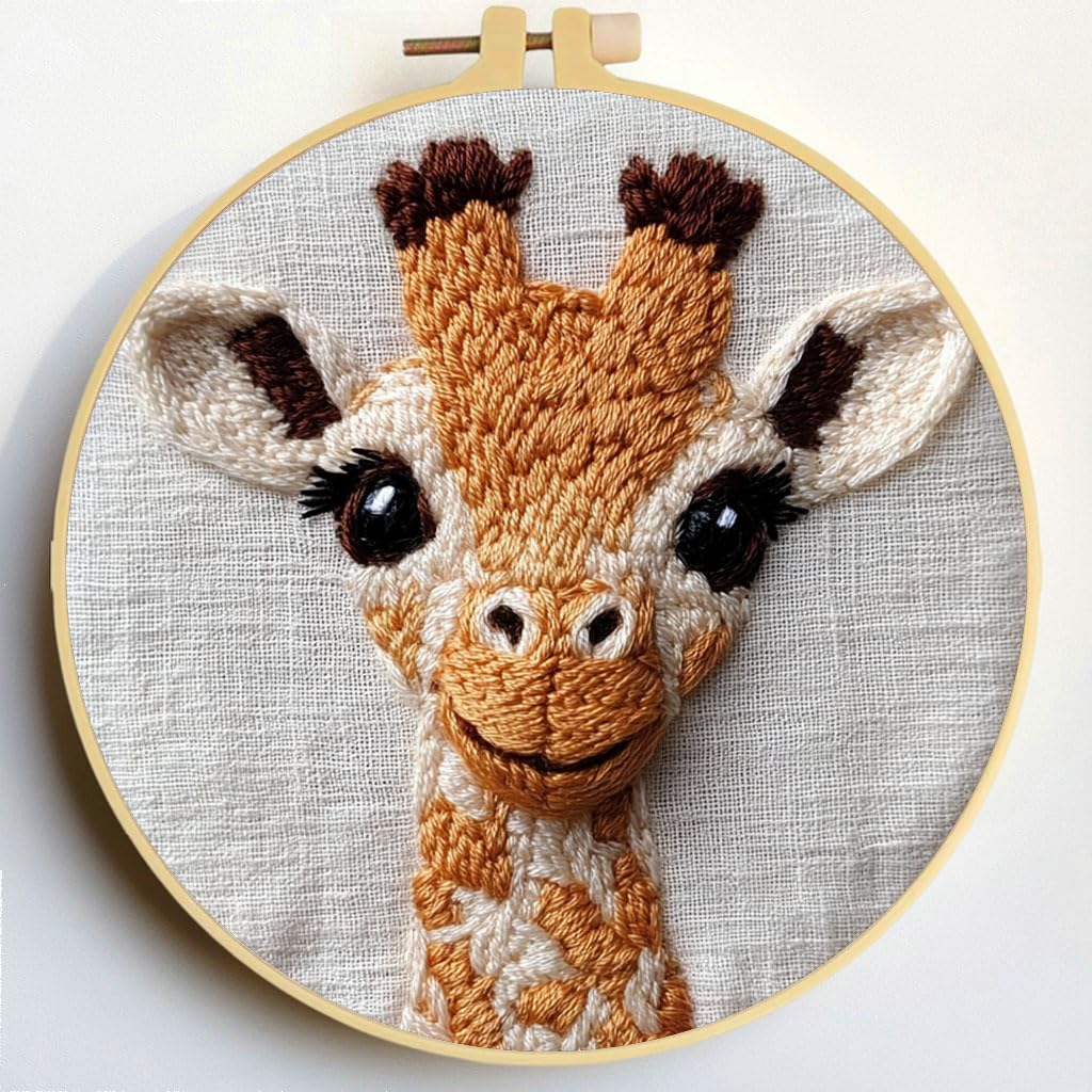 Punch Needle Kits Cute Giraffe Embroidery Starter Set with Hoop Easy for Beginners DIY Stress Relief Handmade Craft Hobby and Home Decor 20x20cm-1
