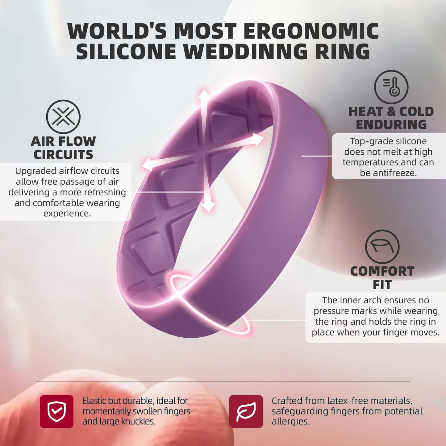 Egnaro Women’s Silicone Engagement Rings, Inner Arc Ergonomic Breathable Design with half sizes, Rubber Wedding Bands，5.5mm Wide-2mm Thick