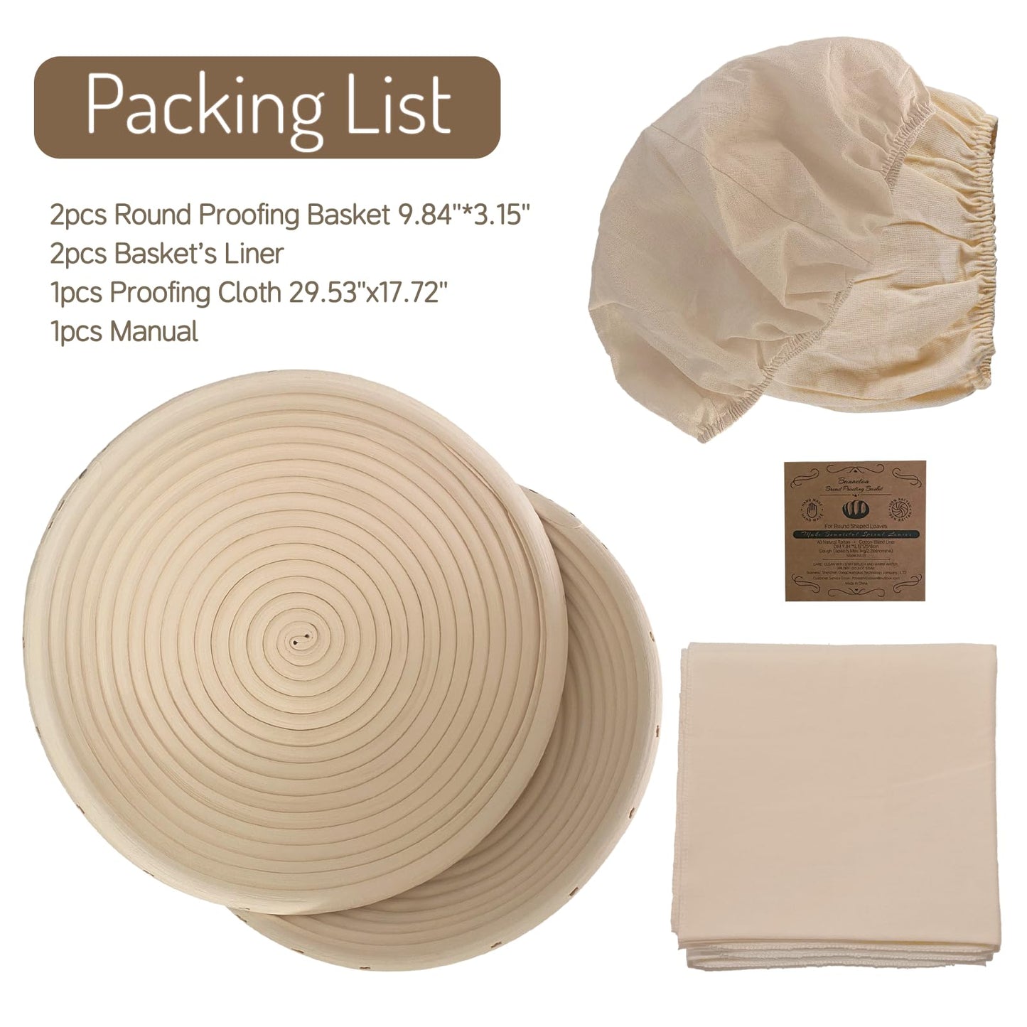 Bread Proofing Basket Set of 2: 9.8 Inch Sourdough Proofing Baskets with 17"x29" Proofing Cloth for Bread Baking, 2 Proofing Bowls and Bread Couthe Cloth for Baguettes, Loaves