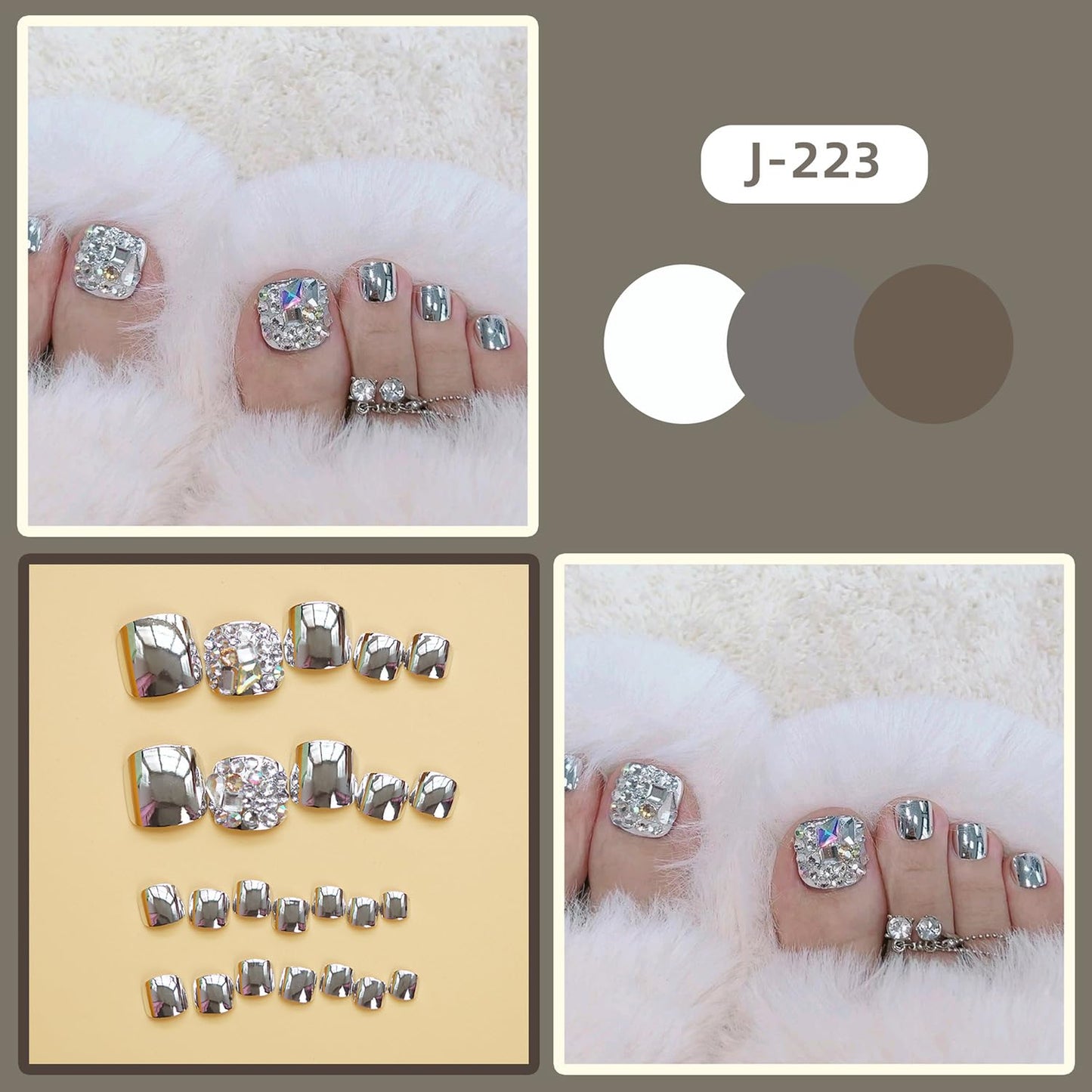 Glitter Silver False Toenail Sets - Press on Coffin Nails with Rhinestone Designs, Full Cover Artificial Acrylic Fake Nails, Stick on Toe Nails with Charm for Women