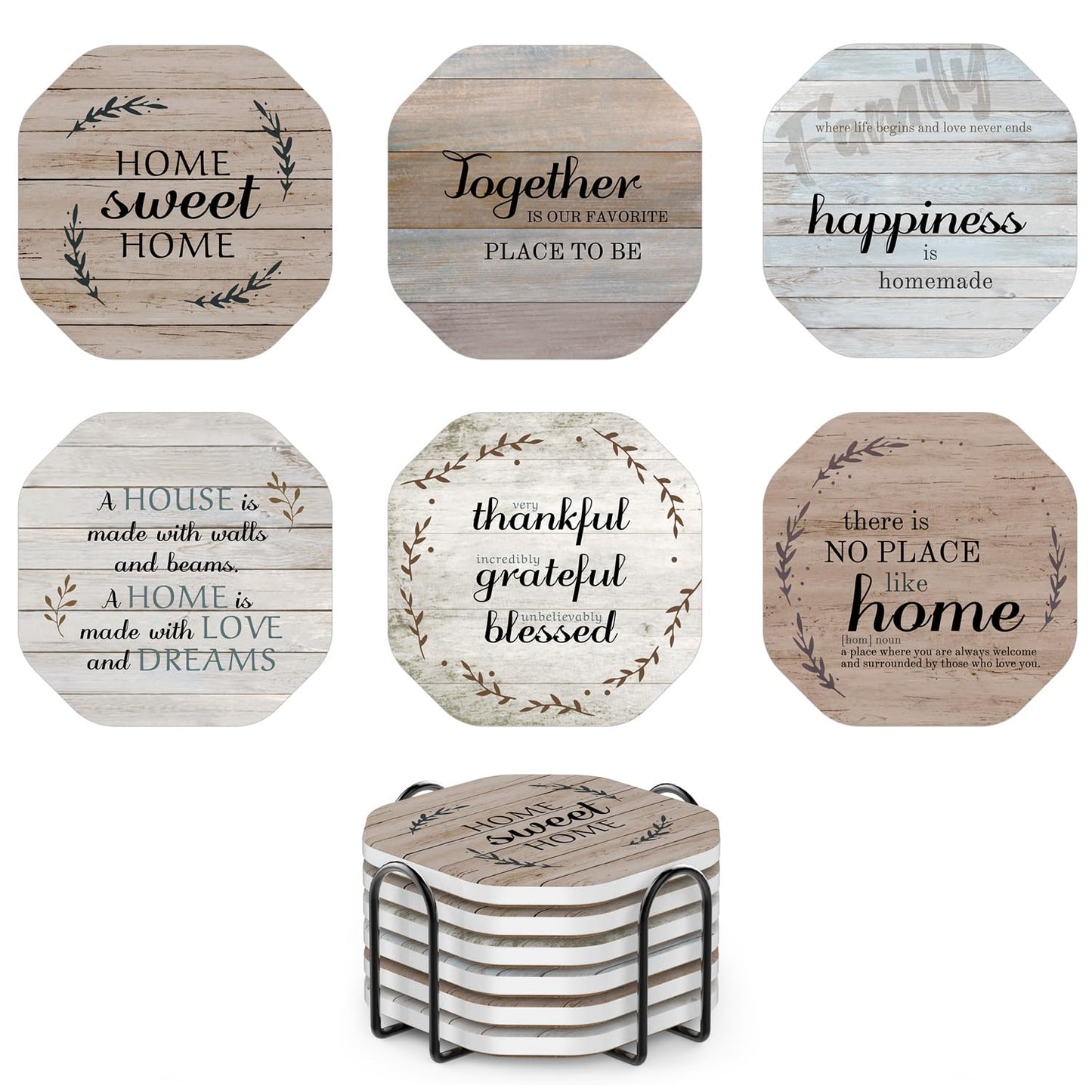 UMIRRO Rustic Farmhouse Coasters for Coffee Table Decor, Ceramic Coaster Set with Holder for Wooden Table, Cute Cup Coasters for Drinks Absorbent, Housewarming Gifts for New House/Home, 4", 6 Pack