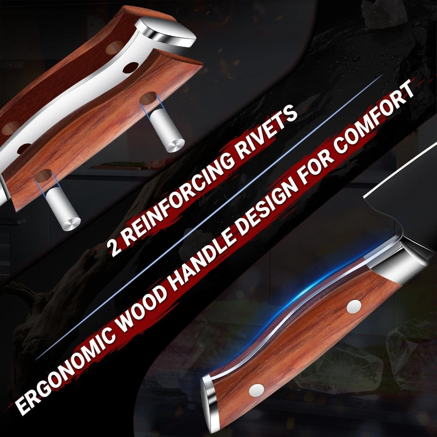TIVOLI 3 Piece Kitchen Knife Set - High Carbon Steel Black Blade Rustproof Coating - Chef Knife Set with Ergonomic Wood Handle, Cooking Knives for Meat Vegetable Fruit, Gift Box Sharp Knives