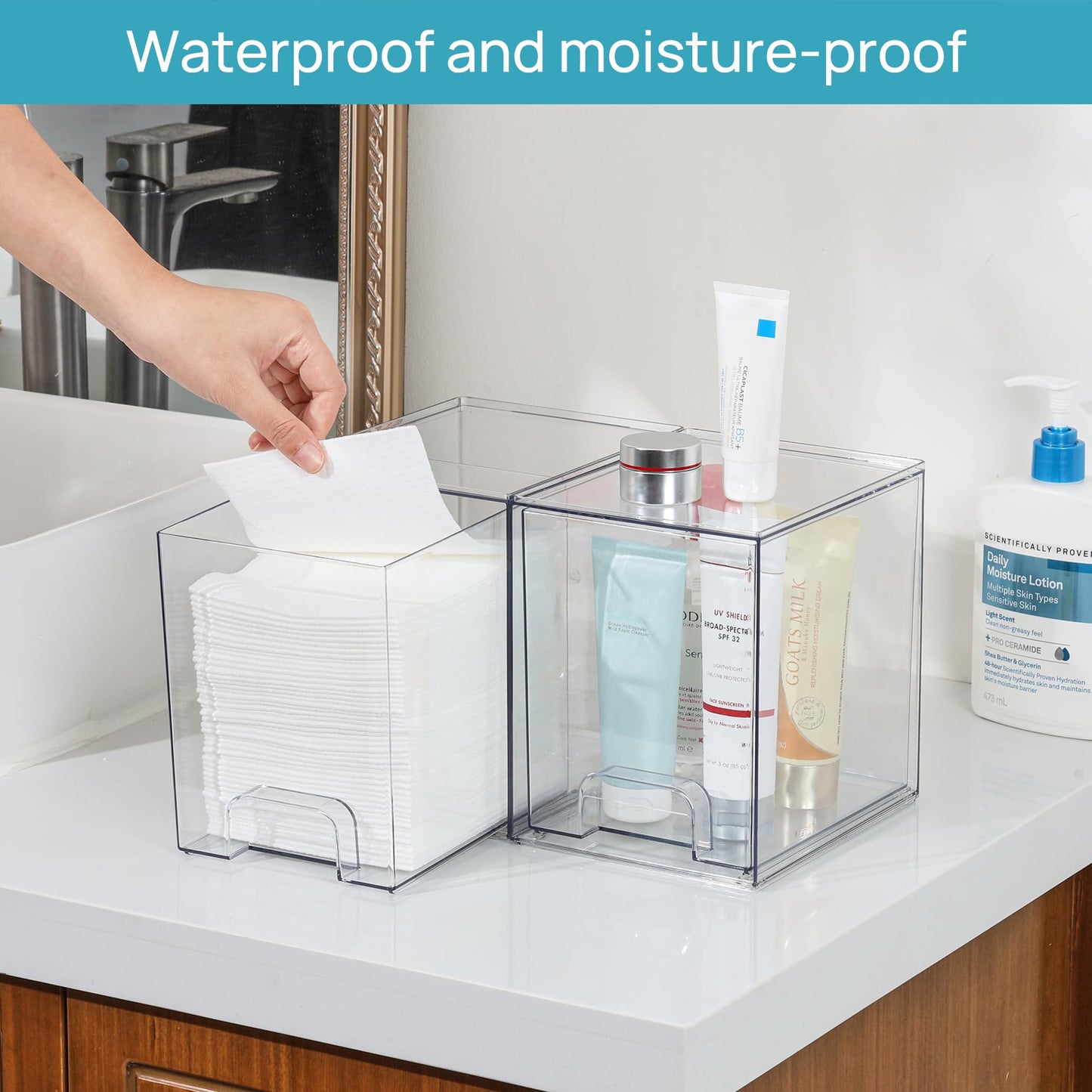 Vtopmart 7.6" H Clear Stackable Storage Drawers, 4 Pack Plastic Organizers Bins for Skincare, Cosmetics,Beauty Supplies,Ideal for Vanity, Bathroom,Kitchen Countertop,Cabinet Organization