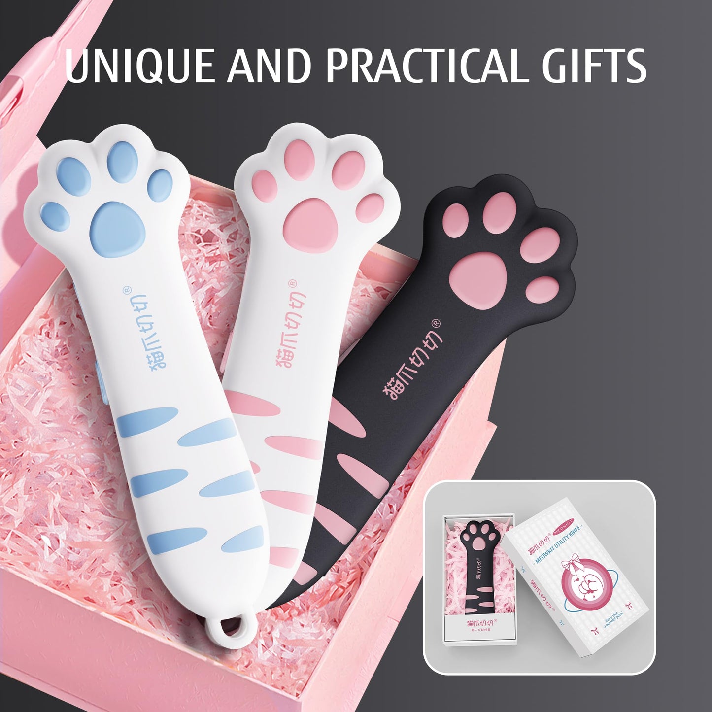 MEOWKIT Cat Paw Box Cutter Retractable with Cat Paw Handle, Multifunctional Knife Set (Black)