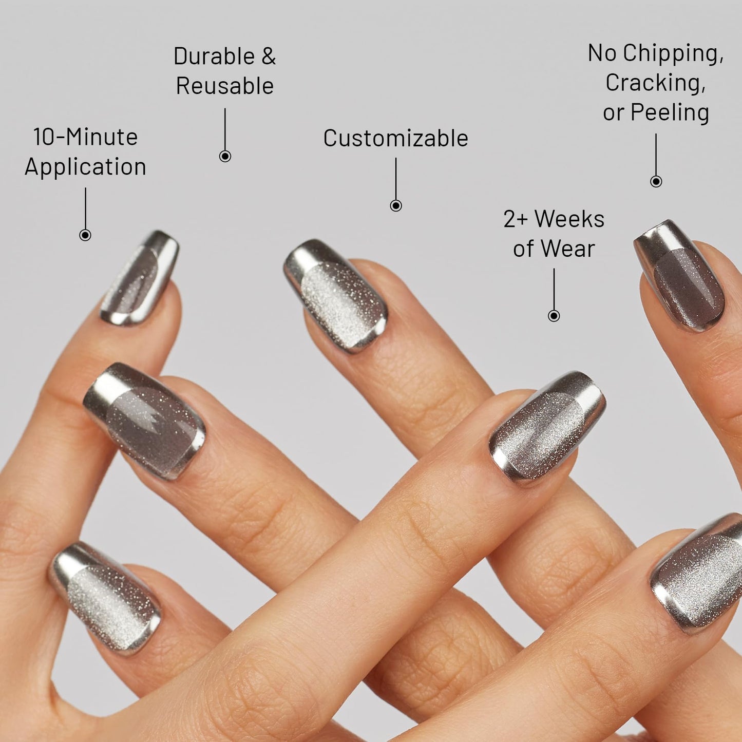 Lilac St - Press on Nails, Silver Lining (30 Nails, 15 Sizes) - Medium, Coffin, Glossy, Opaque - Brush On Nail Glue, Nail File, Cuticle Stick, Prep Pad - Cruelty Free, Vegan, Women Founded