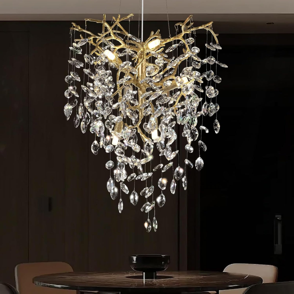Modern Gold Crystal Tree Branches Chandelier,21 Inchs 6 Lights Modern Round K9 Crystal Chandeliers for Dining Room, Bedroom, Living Room, Foyer,Kitchen Island