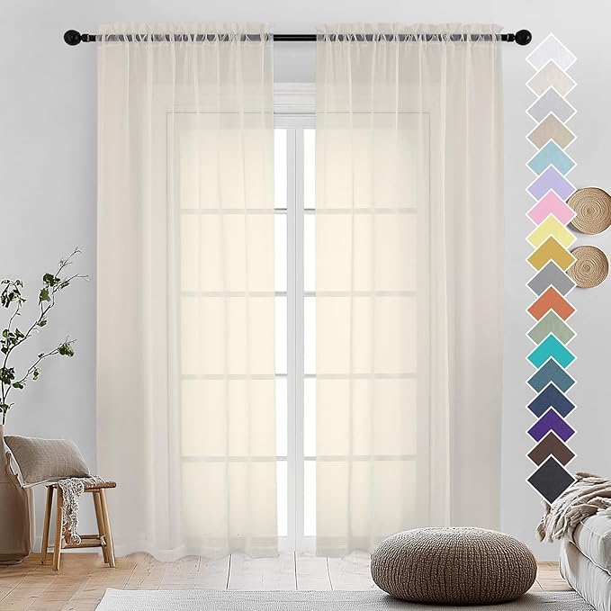 OVZME Cream Sheer Curtains 90 Inches Long 2 Panels - Soft Light Filtering Window Sheer Panels for Living Room/Bedroom, Top Dual Rod Pocket, 1 Pair, Each 42Wx90L Inches