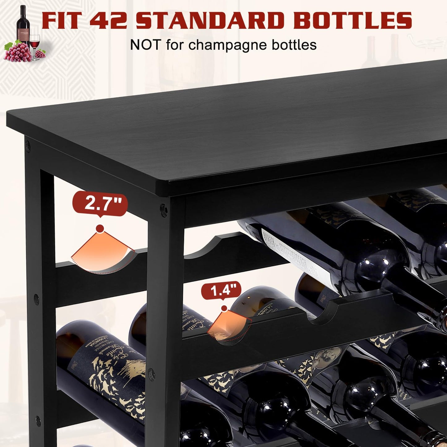 Bambition Bamboo Wine Rack Freestanding Floor, 7-Tier 42-Bottle Wine Storage Shelf with Table Top - Black