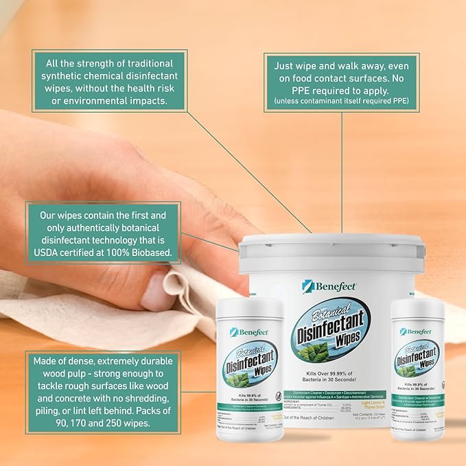 Benefect Botanical Disinfectant Wipes – 750 Sanitizing Wipes. 3 Pack of 250 Wipes Per Unit - High Traffic - Gym Wipes, Schools and Food Safe Cleaning (250, 3)