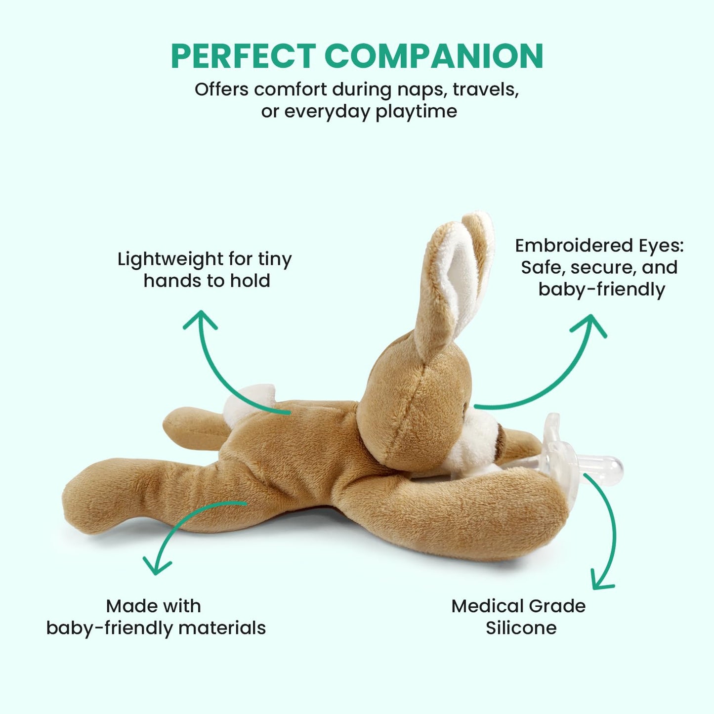 Detachable Rabbit Pacifier Holder - Soft Silicone Pacifier with Plush Animal - Removable, Machine Washable, BPA-Free for Babies 0-24 Months