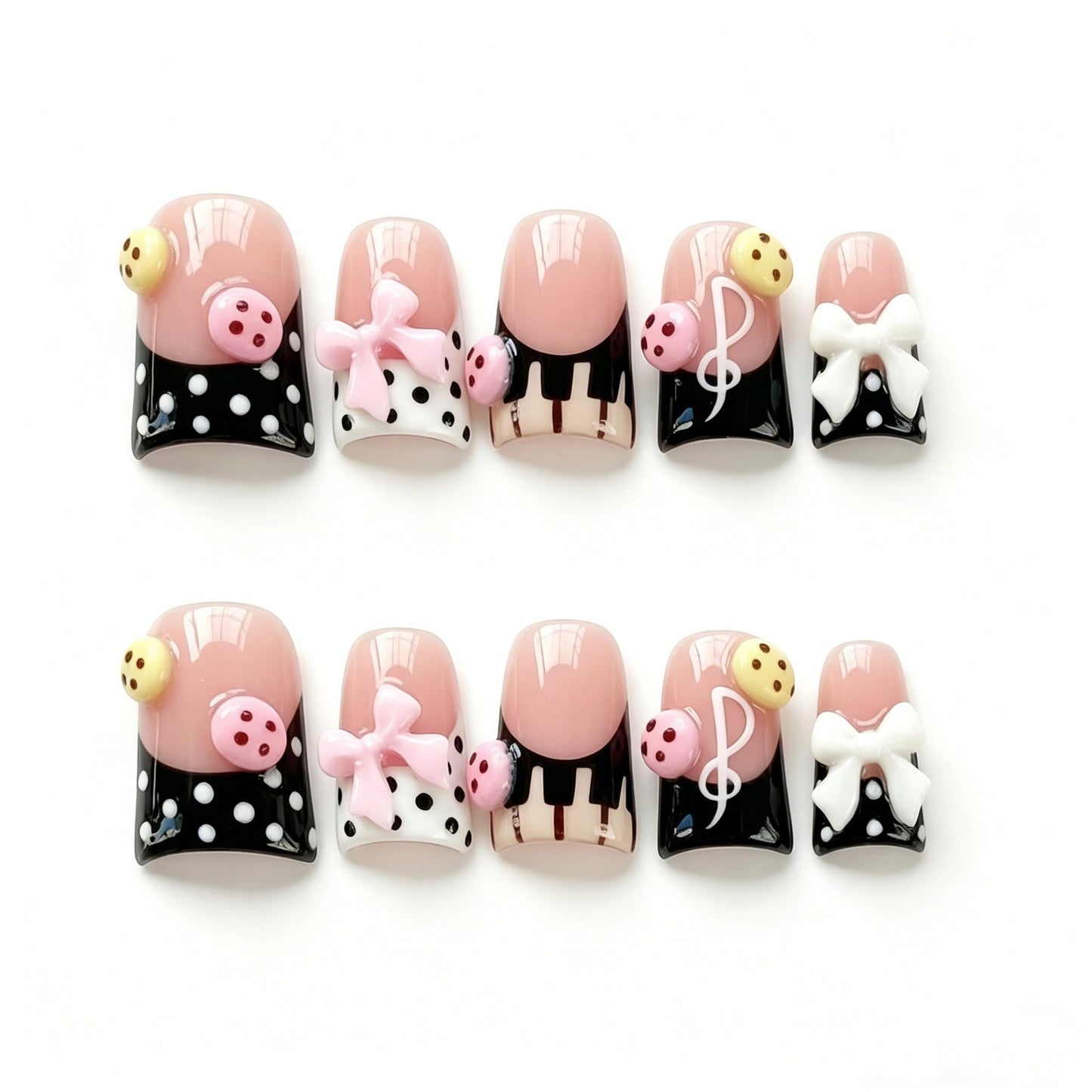 Handmade Acrylic Press on Nails Short Duck Nails Press on with Musical Note and Bow Designs Reusable Square Fake Nails Luxury Cute Holiday for Women (Size M）