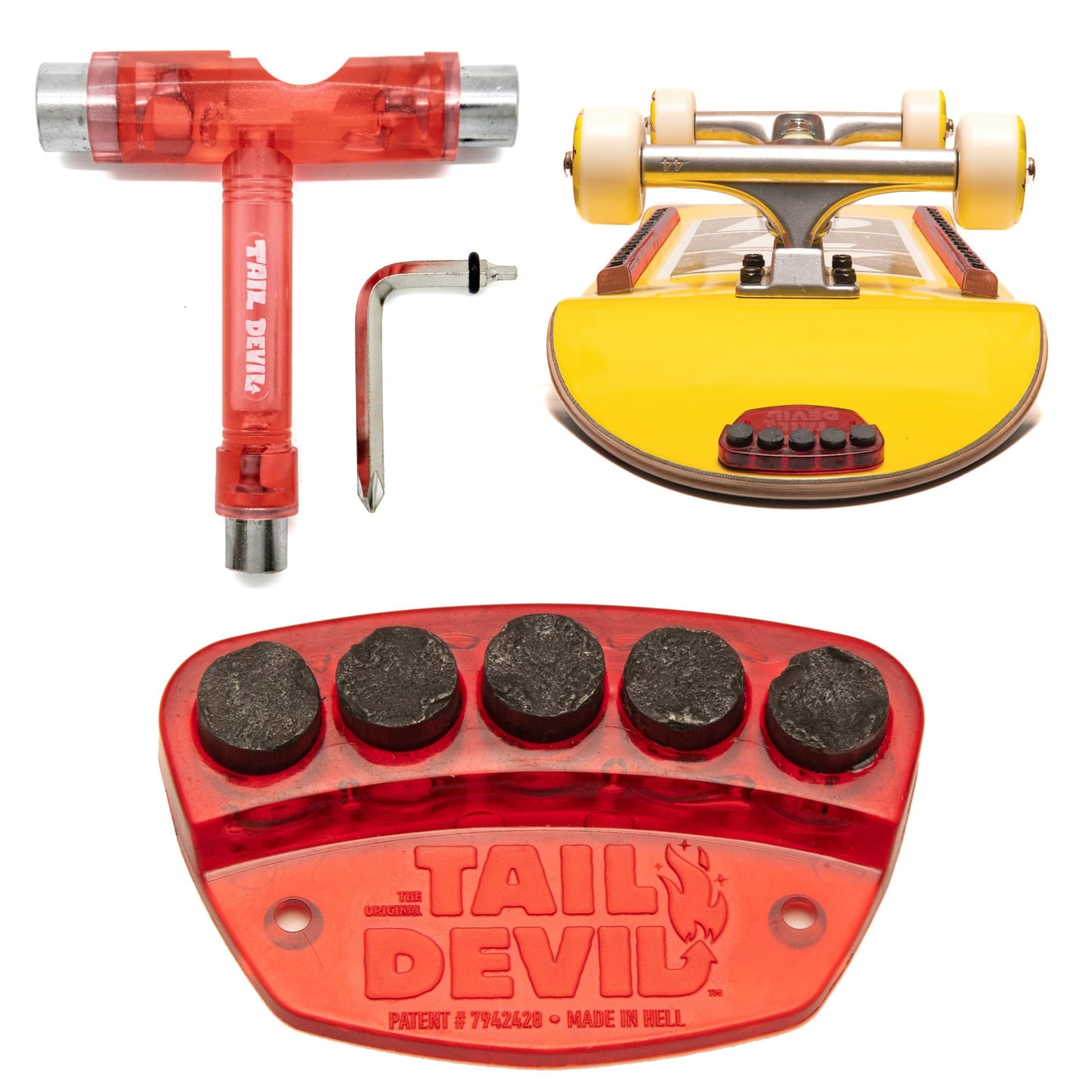 Tail Devil Skateboard Spark Plate & Universal Skateboard T-Tool Bundle | Translucent Red Complete Maintenance & Accessory Kit | Ultimate All-in-One Skateboarder’s Gift Set