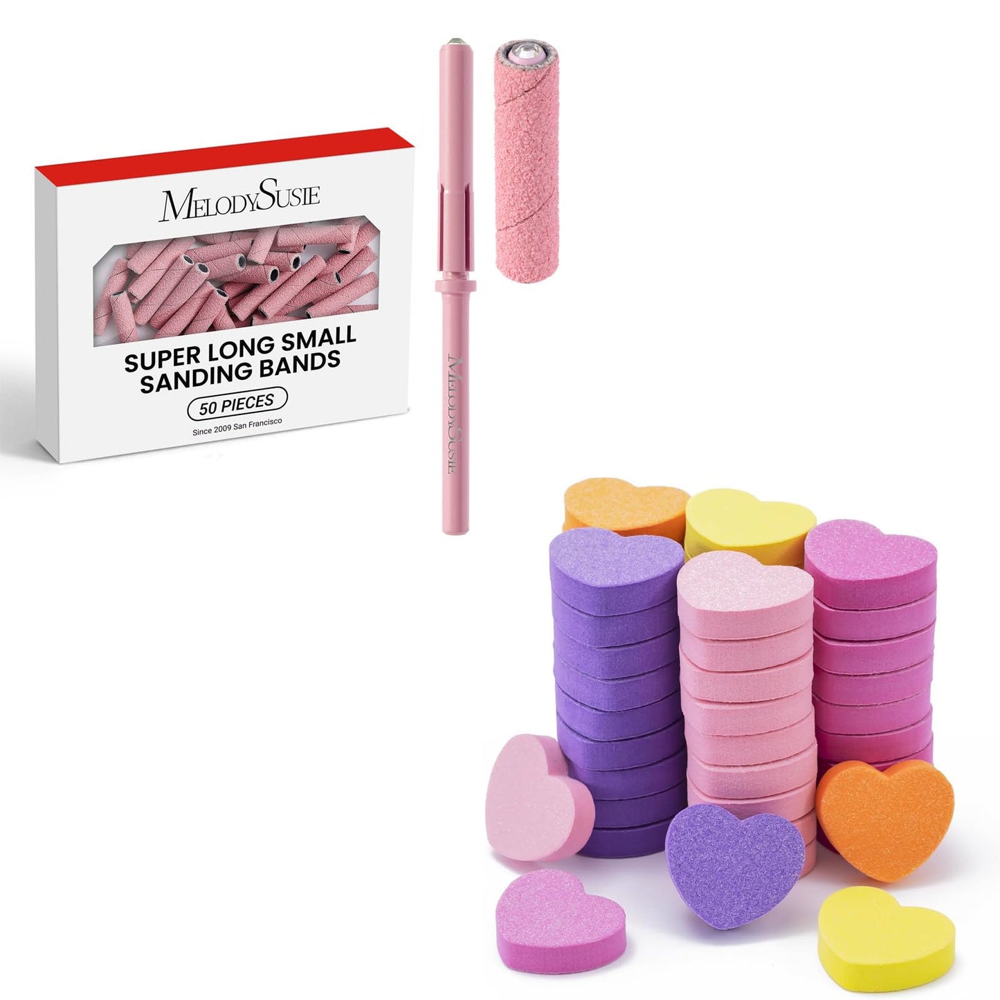 MelodySusie 50 Pcs Super Long Small Sanding Bands with Heart Shape Mini Nail Buffer Block