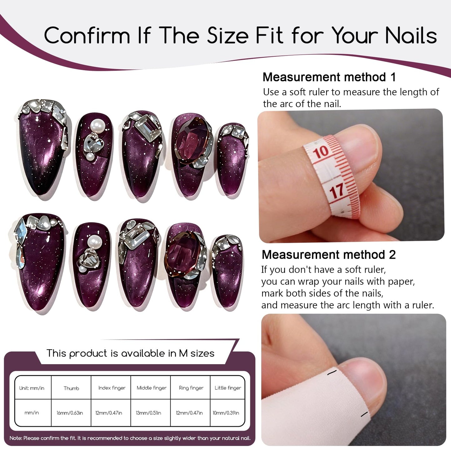 SILPECWEE 10PCS Almond Press on Nails, 10Pcs Handmade Fake Nails Medium Rhinestones Purple Cat Eye Gel Flase Nails Acrylic Press Ons for Women Manicure Supplies