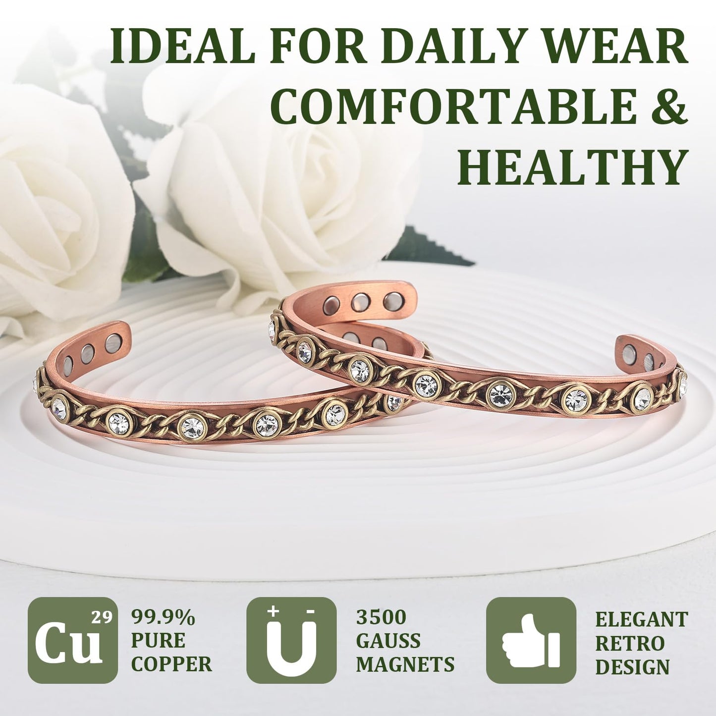 MagEnergy Handmade Copper Bracelet with Braided Twisted Wire & White CZ Stones, Copper Magnetic Cuff for Women, Adjustable Bangle & Wellness Jewelry Gift（Copper&White）