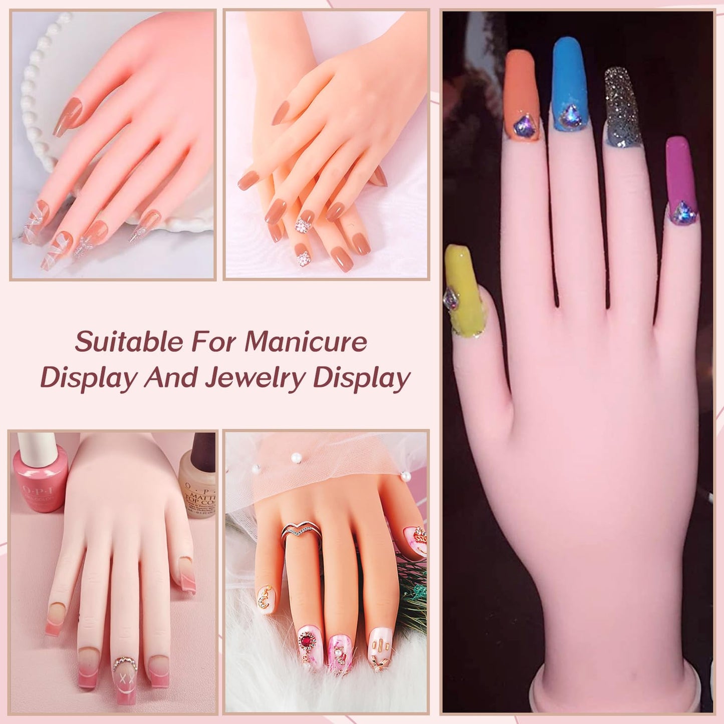 Practice Hand for Acrylic Nails, Mannequin Hand for Nails Practice, Flexible Bendable False Fake Nail Hand with 100Pcs Nail Tips and Nail Art Tools, DIY Nails Display Manicure Hand Tools Supply
