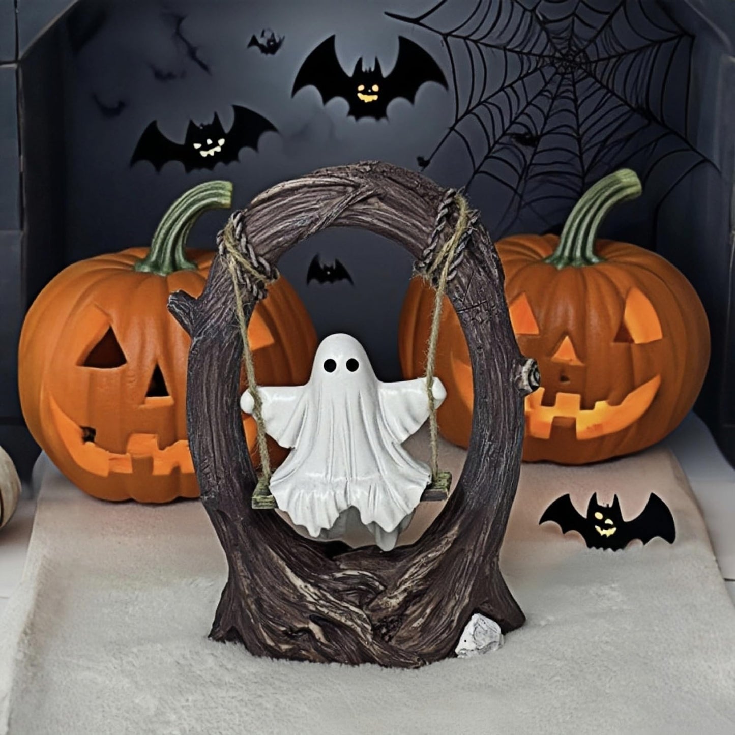T Starlight Bright Q Swinging Ghost on Tree Swing, Cute Swinging Ghost Halloween Figurine Indoor Decoration, Desktop & Bookshelf Decor, Outdoor Courtyard Garden Decoration, Halloween Ghost Gift