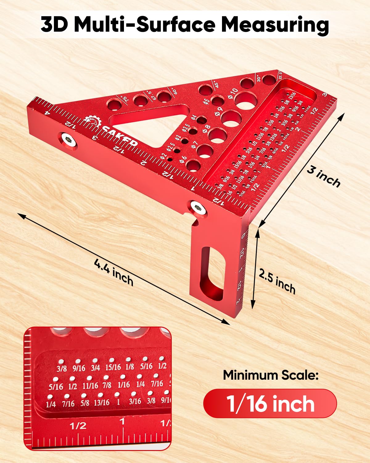 Saker 3D Multi-Angle Measuring Square Ruler, Aluminum Alloy Carpenter Square, 0-90° Precision Hole Scribing Ruler with Angle Pin for Woodworking, Engineering, and Construction Projects