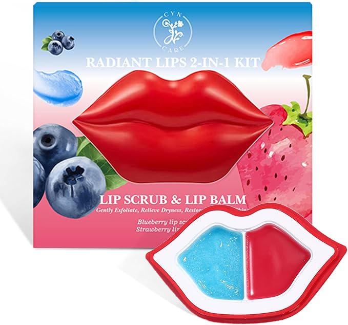 Lip Care Kit – 2-in-1 Lip Scrub and LipBalm Set – Blueberry Lip Exfoliator and Strawberry Lip Balm Hydrating – Complete Set for Gentle Exfoliation and Moisturizing