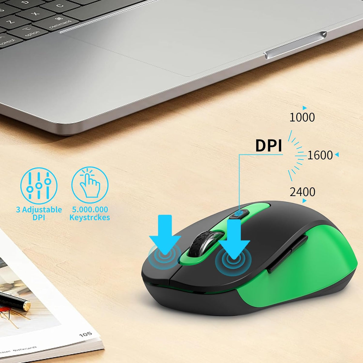 Wireless Mouse for Laptop, PC, Chromebook, Mac, MacBook, Silent Wireless Mouse with USB Nano Receiver, Side Button, 2400 DPI, Anti Slip Roller, 6 Button Ergonomics Cordless Computer Mice - Black Green