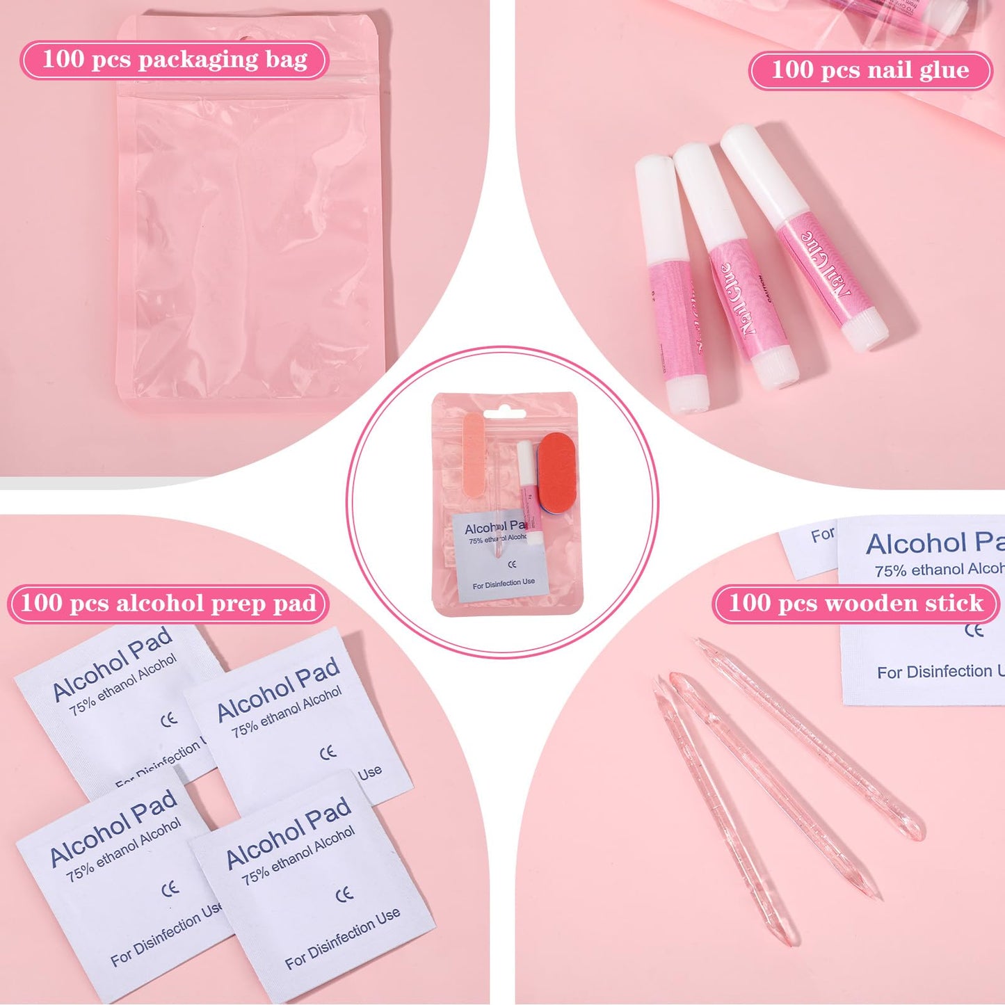 100 Set Press on Nail Kit for Salon Business, Disposable Nail Prep Kit with File Buffer Glue Prep Pad Adhesive Tabs Wood Stick, Press on Nail Kit with Everything in Holographic Bag
