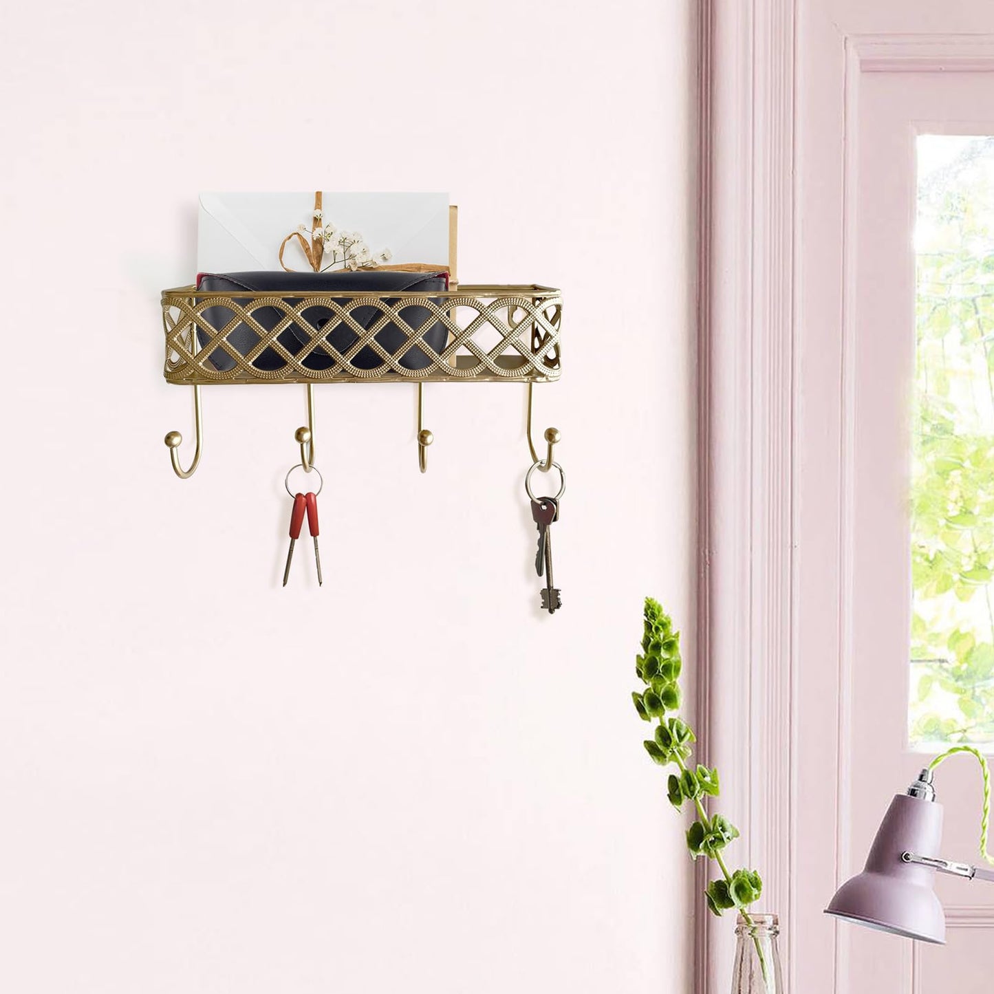 MUYUSEN Celtic Knot Key Holder Wall Shelf - Entryway Wall Mounted Organizer with 4 Hooks, Metal Storage for Keys, Wallets, Bags, Hats (Golden)