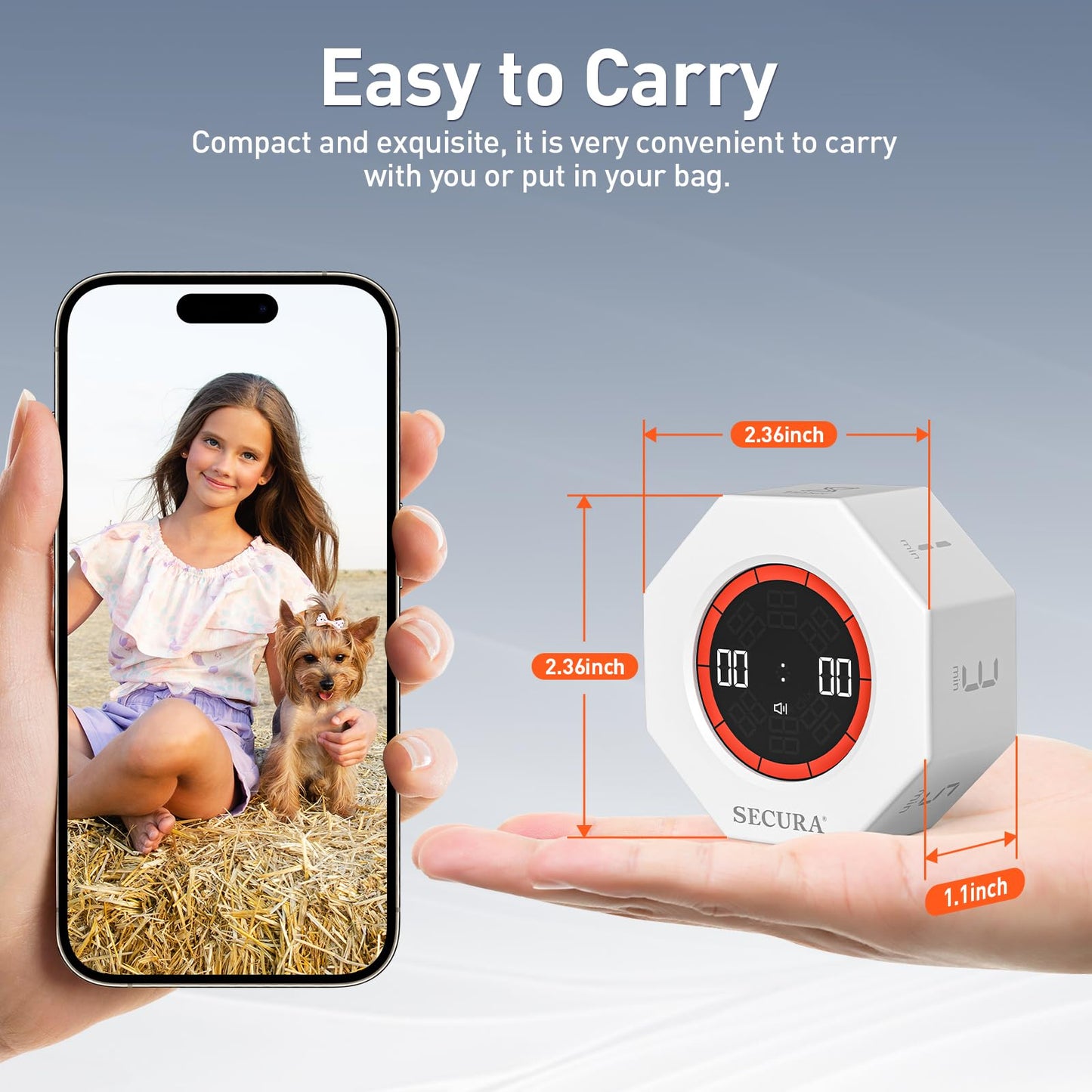 Secura Pomodoro Timer, Rotating Cube Time Tracker, Flip Gravity Sensor with 7 Presets(1/3/5/10/15/30/60 Min), Visual Progress Bar for ADHD, Kids, Tasks, Work, Study (White)