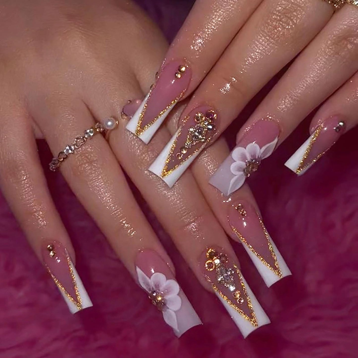 MISUD Press on Nails - Long Square Fake Nails with White French Tip, Acrylic Bling Gold Glitter Rhinestone Design 24 pcs
