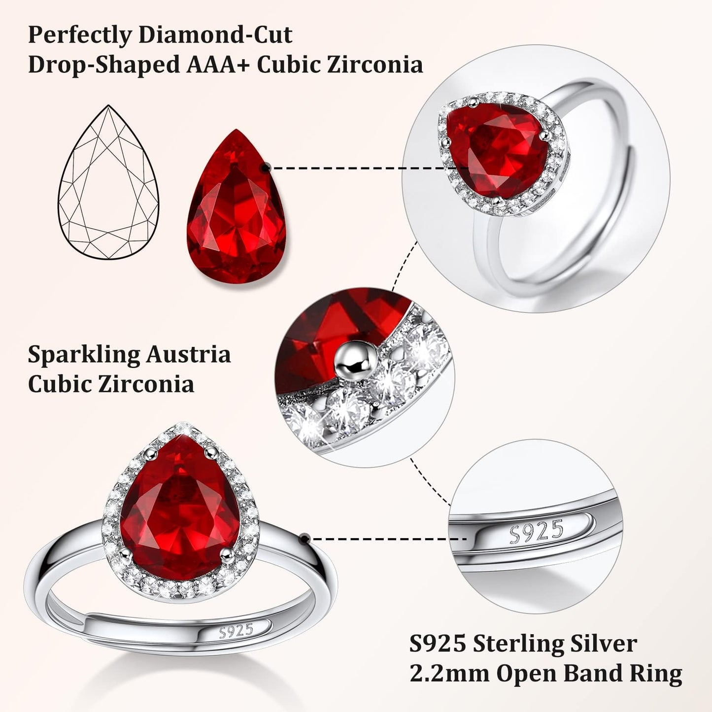 Bestyle 925 Sterling Silver Created Diamond Rings Teardrop Crytsal Rings for Women, 8mm January Granet Birthstone Gemstone Rings Illuminated by 1mm White Cubic Zirconia