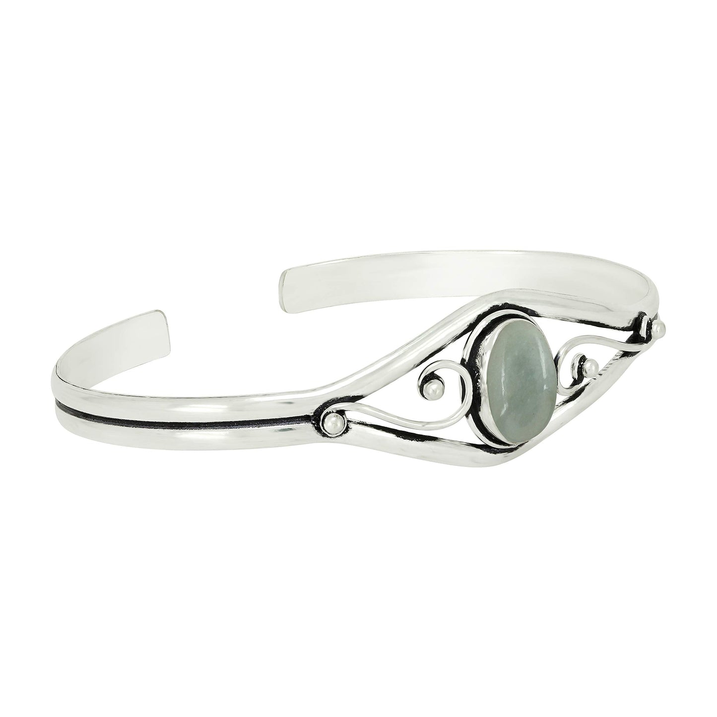 925 Silver Plated Natural Aquamarine Cuff Bangle Bracelet for Women – Handmade Open Bangle – Green Gemstone March Birthstone Statement Jewelry – Gift for Her