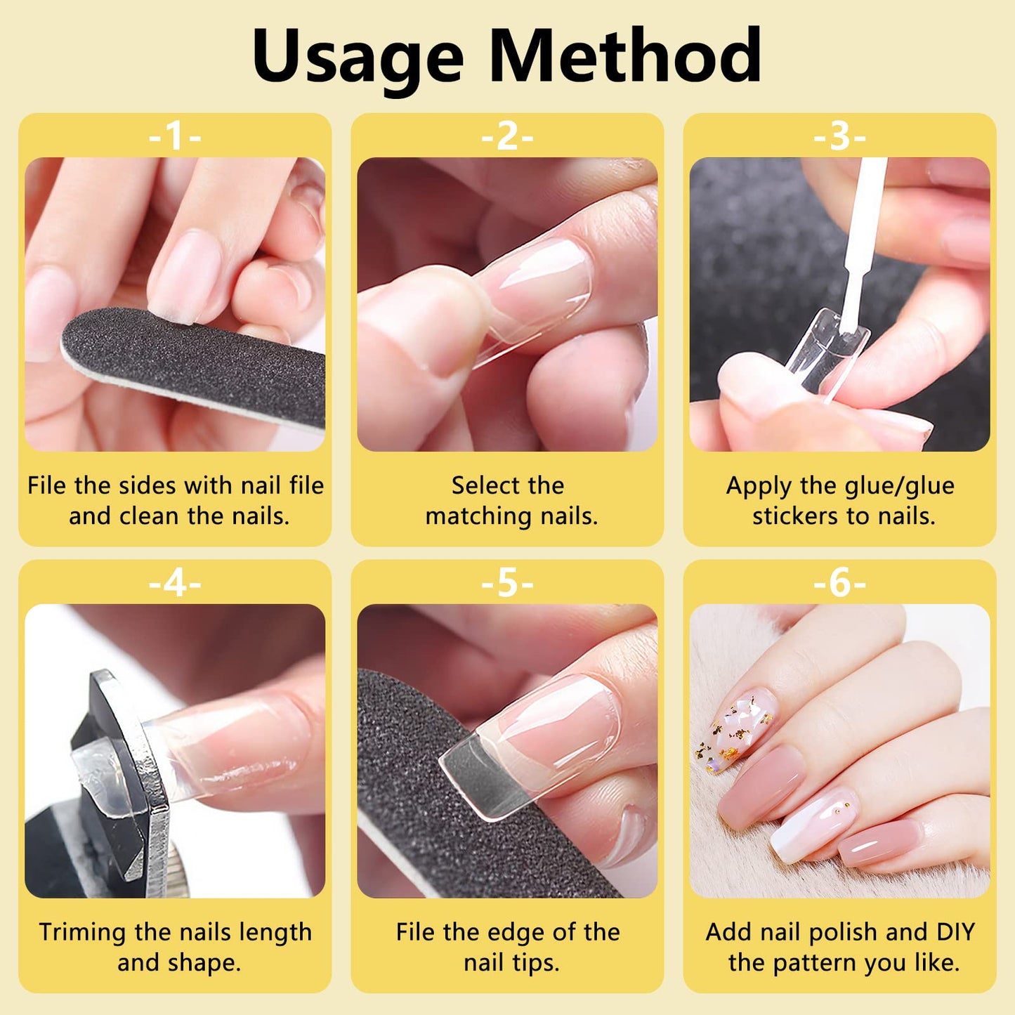 Yokilly 1000PCS Square Nail Tips and Glue, Clear Natural False Acrylic Nail Tips, Half Cover 10 Sizes French Artificial Nail Tips Manicure with Nail Clipper, Nail Files and Glue for Dip Powder