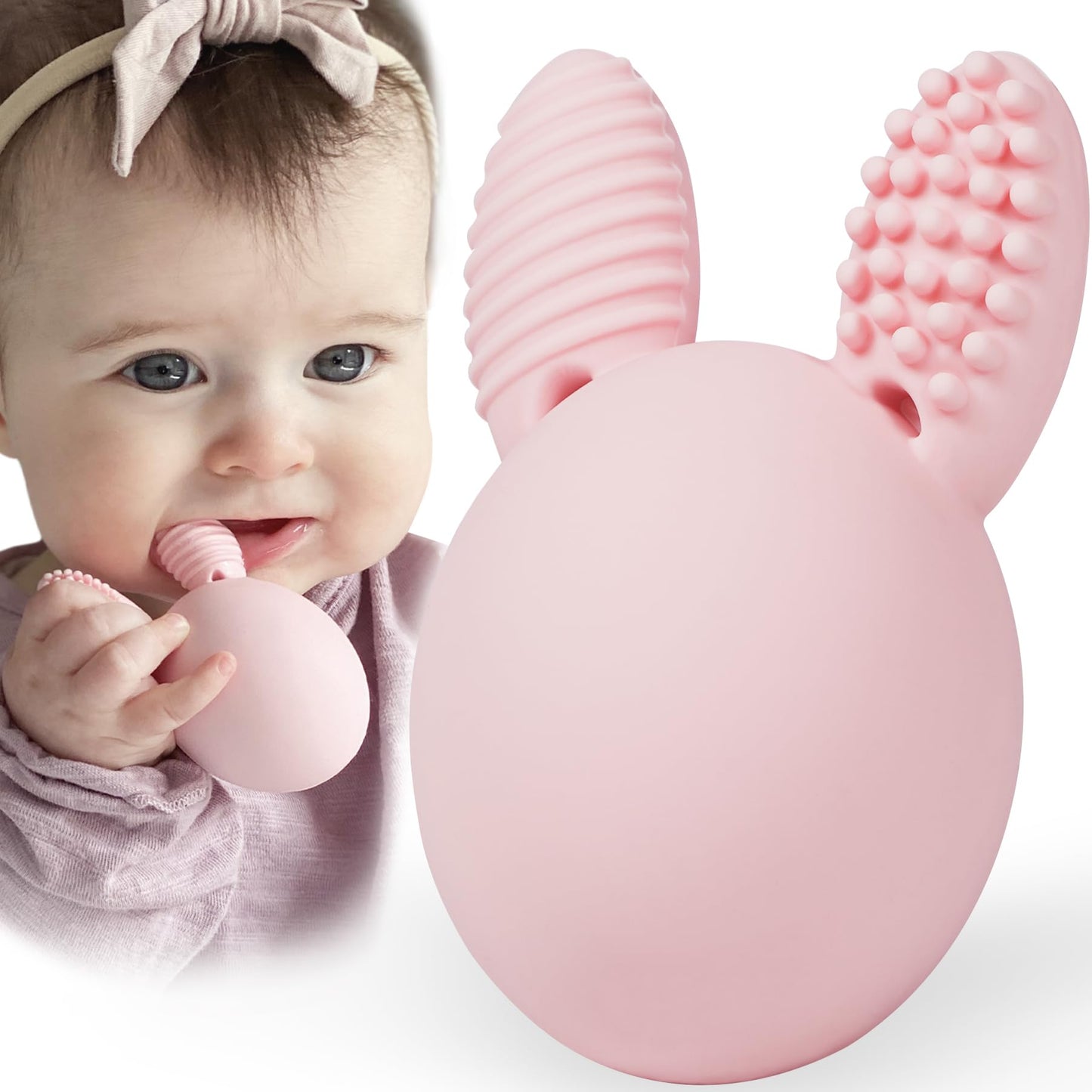 Bunny Eggy Teether Baby Teething Toy Rabbit Egg Rattle Toy Teething Pain Relief for Babies Boys Girls - Pink