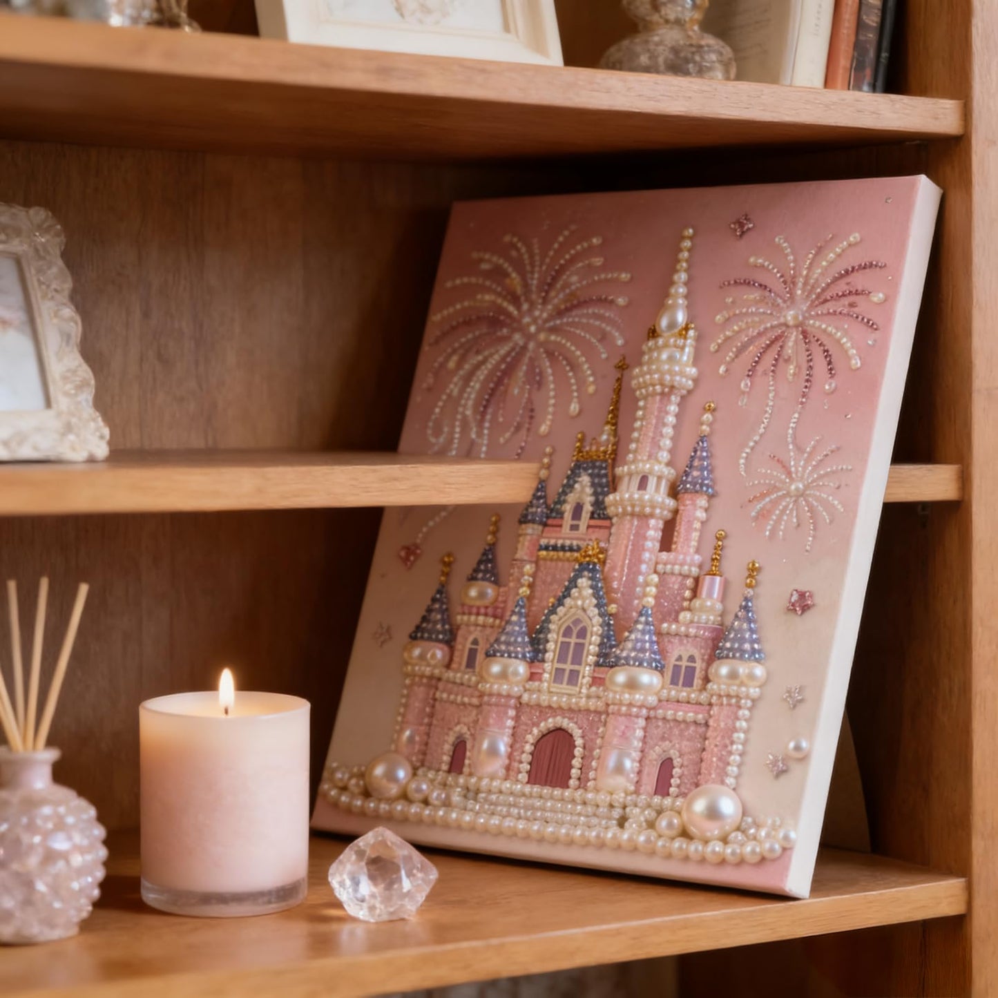 Jendfert DIY 3D Pearl Painting Kit, Castle Design with Fireworks, Plastic Pearl Art Craft for Adults and Beginners, Home Wall Decor - No Framework