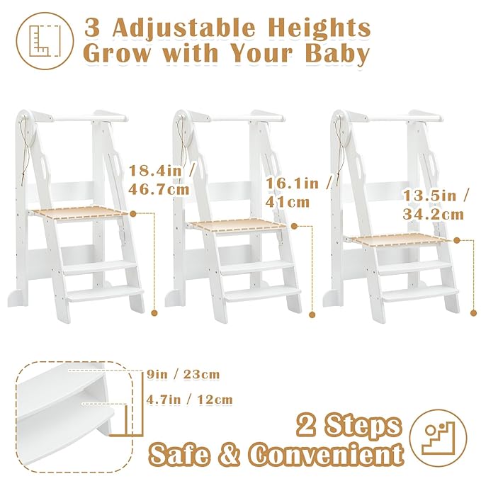 FUNLIO Foldable Kitchen Step Stool for Kids 2-6 Years, Montessori Step Stool, 3-Level Height Adjustable Standing Tower, Easy to Assemble, CPC & CE, White