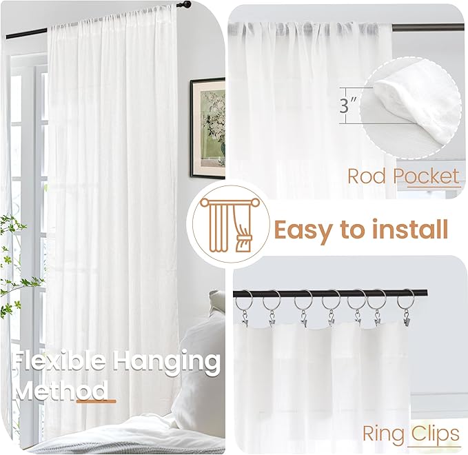 BGment White Linen Semi Sheer Curtains 84 Inch Length for Living Room - Rod Pocket Light Filtering Drapes for Bedroom Dining Long Window Treatments Lightweight, 2 Panels Set, 52 X 84 Inch