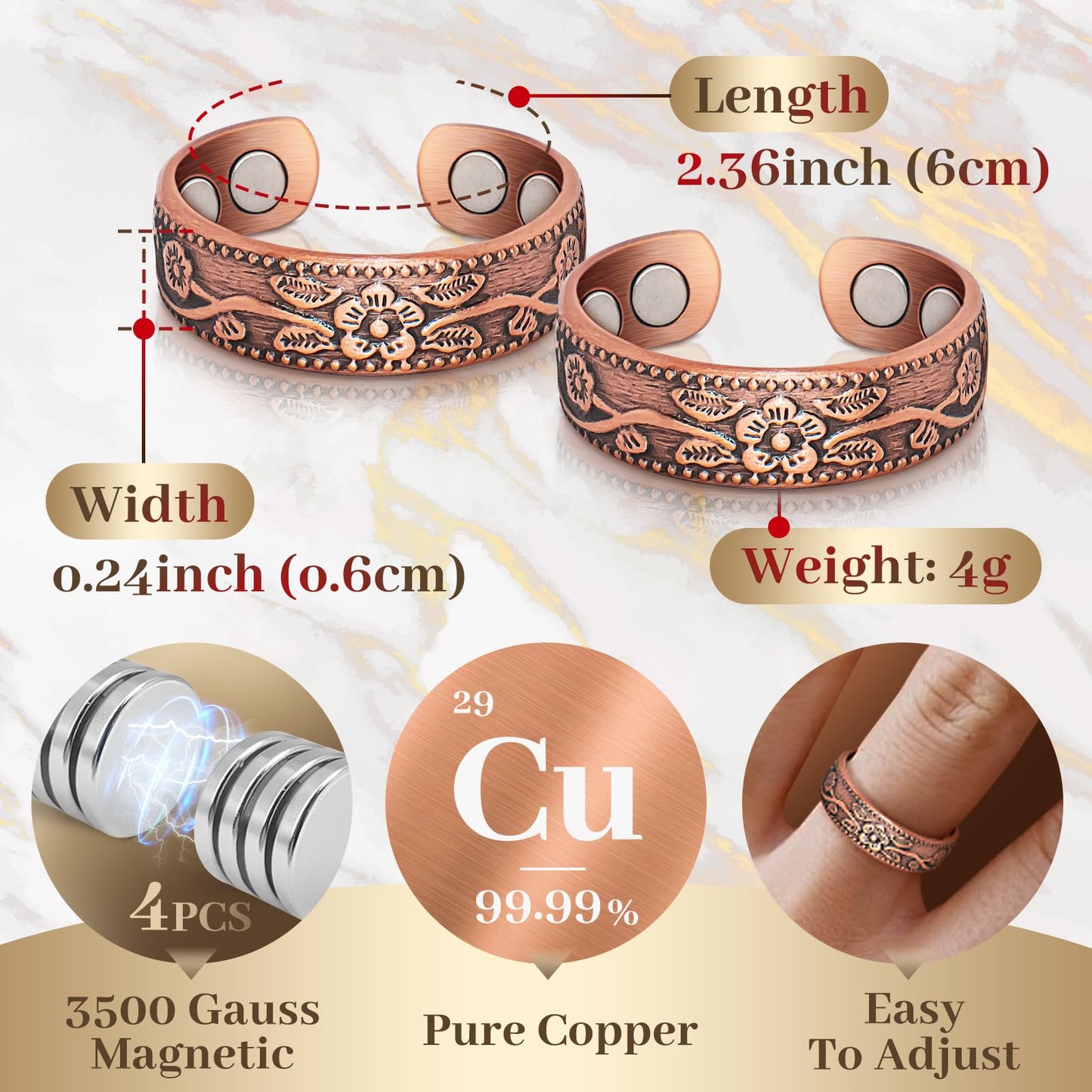 Auramag Copper-Flower Magnetic Rings, 99.99% Pure Copper, 2 Count, One Size, Open Circle, Female, 0 Carats, 3500 Gauss, Lymph Drainage & Blood Circulation, Gift Box & Cloth Included