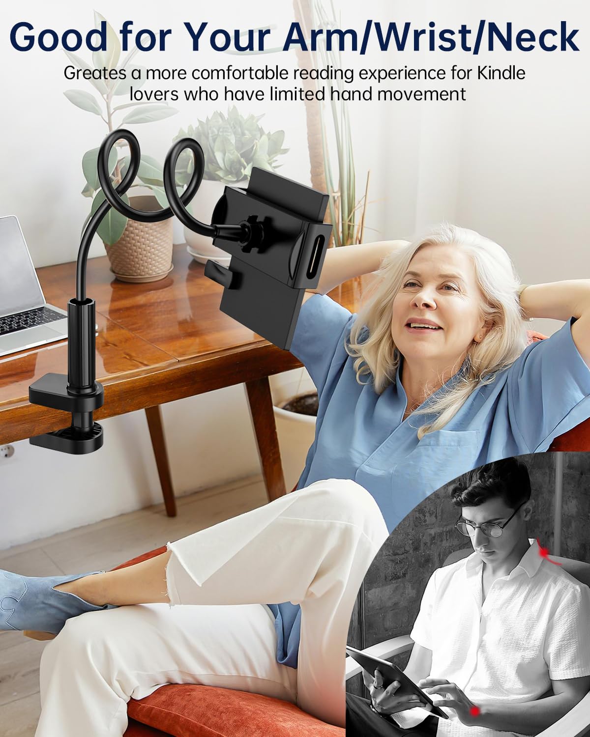 Bongogoo Kindle Holder with Remote Page Turner | Hands-Free Stand for Reading in Bed or Desk – Compatible with Kindle Paperwhite, Oasis, iPad, iPhone, and More | Fits Devices from 4.5” to 10”