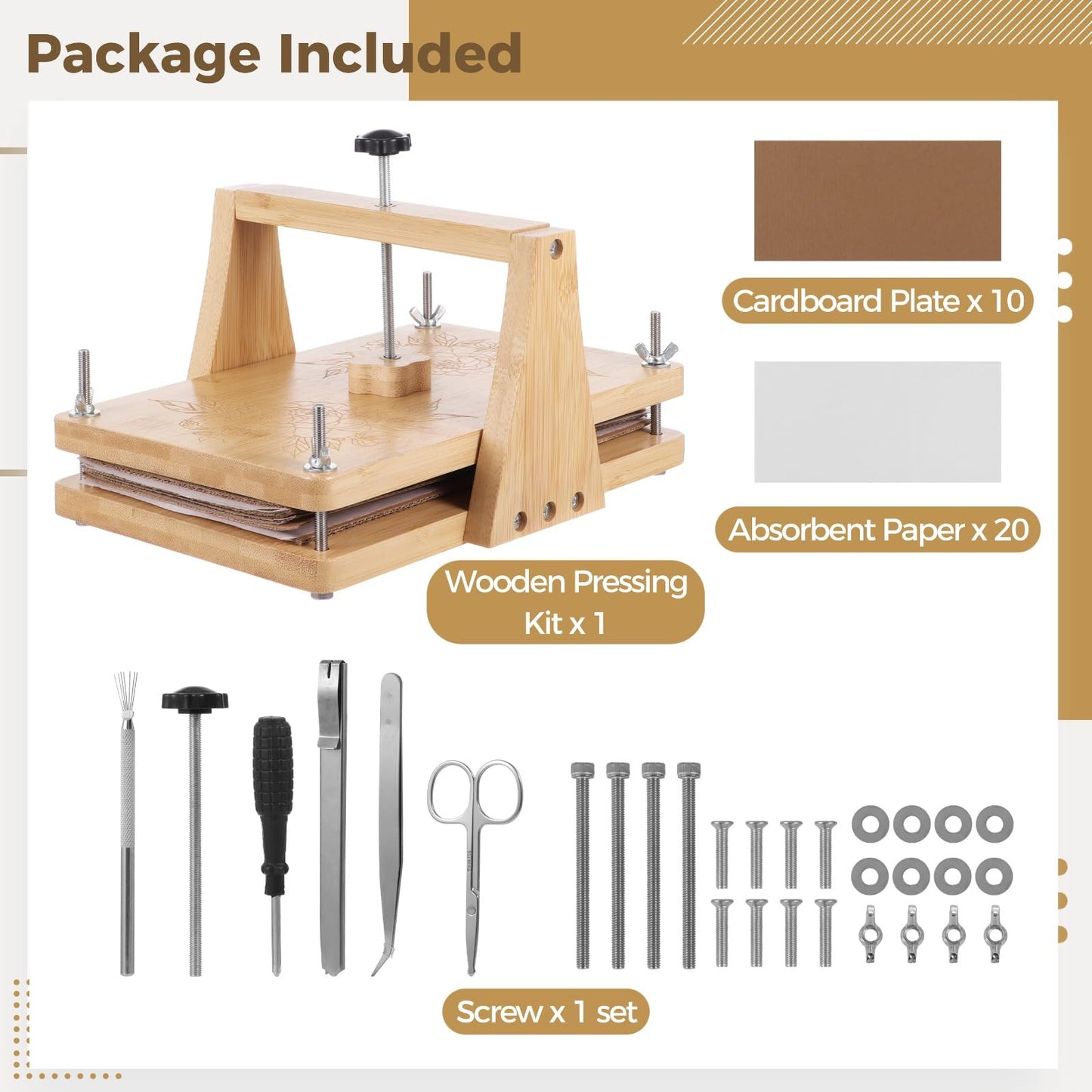 Large Flower Press Kit with 6 Layers, Wood Floral Pressing Kit for Adult DIY Art Craft, Includes Flower Press, Cardboard Plates, Absorbent Paper