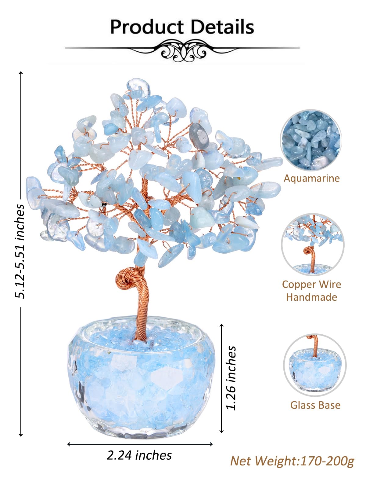 Top Plaza Healing Crystals Aquamarine Crystal Tree with Glass Base Handmade Natural Gemstone Life Tree Mini Bonsai Money Trees Good Luck Home Office Desk Decor