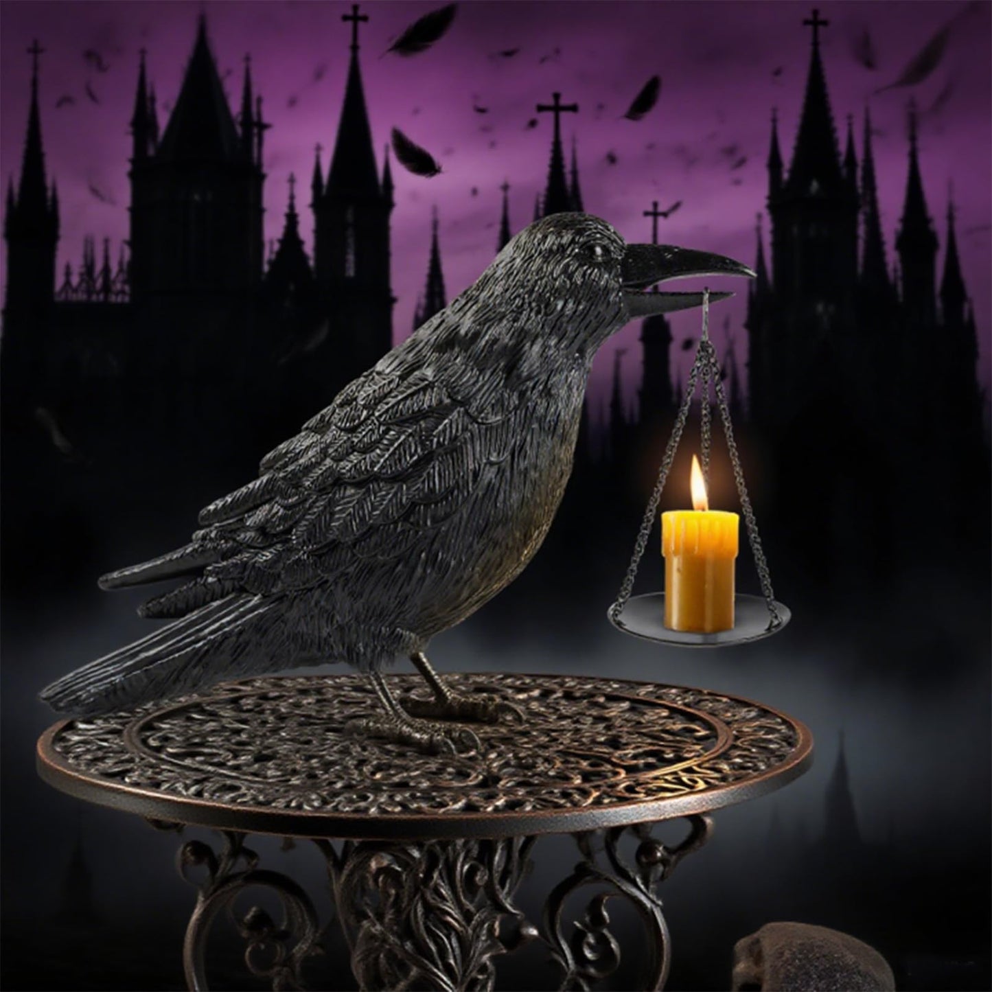 Gothic Home Decor Raven Lamp with Tealight Candle Holde,Gothic Statue Halloween Decorations,Resin Raven Decor Fake Crow Lamp for Bedroom Goth Gifts Black