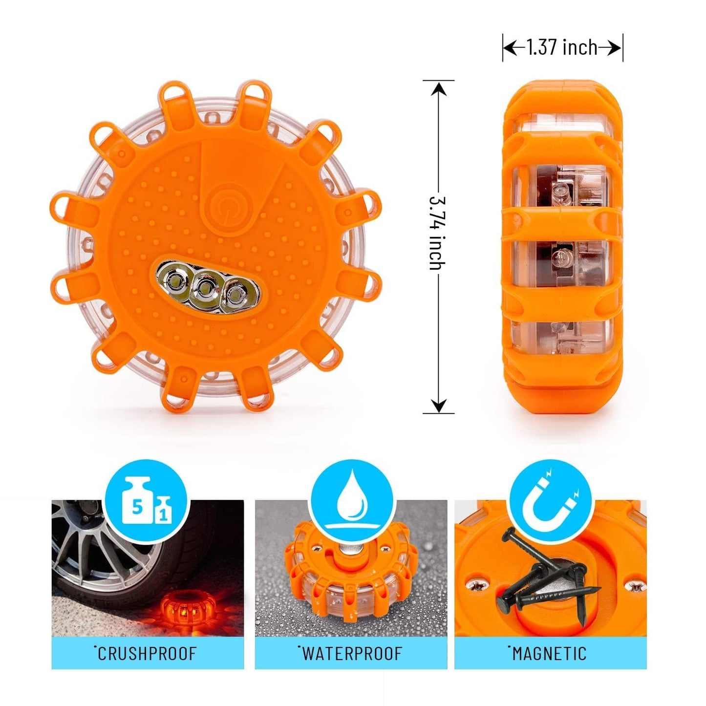 HEIGPAN GP908 8 Pack LED Road Flares Emergency Roadside Lights Safety Flashing Warning Beacon Disc Warning Flare Kit with Hook Magnetic Base for Car Truck & 9 Flash Modes (Batteries Not Included)