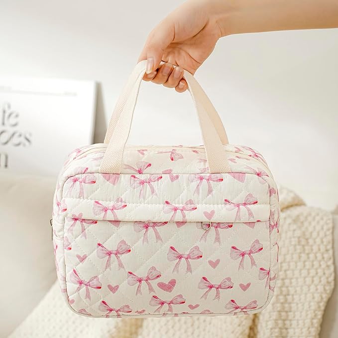 Large Size Quilted Coquette Makeup Bag, Cute Preppy Floral Cotton Travel Cosmetic Organizer Bag with Top Handle, Multi-Layer Travel Toiletry Pouch for Girls (08Heart Bow)