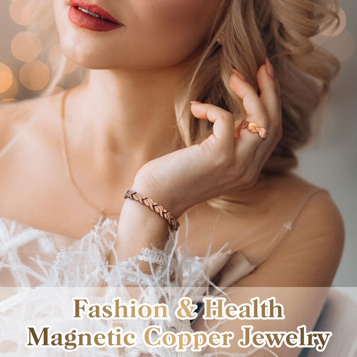 Copper Bracelets for Women Arthritis Lymph Detox Magnetic Bracelet, 100% Solid Pure Copper Bracelet with 3500 Gauss Magnets & Leaves Copper Ring with Adjustment Tool…
