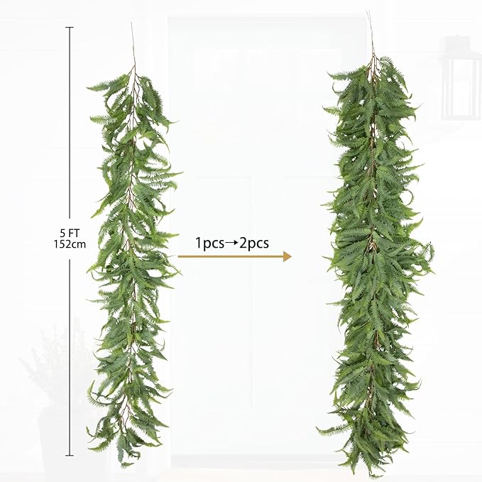 Briful 5ft Long Greenery Garland Set of 2 Boston Fern Floral Garland for Door Mantle Decorations, Lush Realistic Spring Summer Artificial Garland for Home Farmhouse Indoor Decor