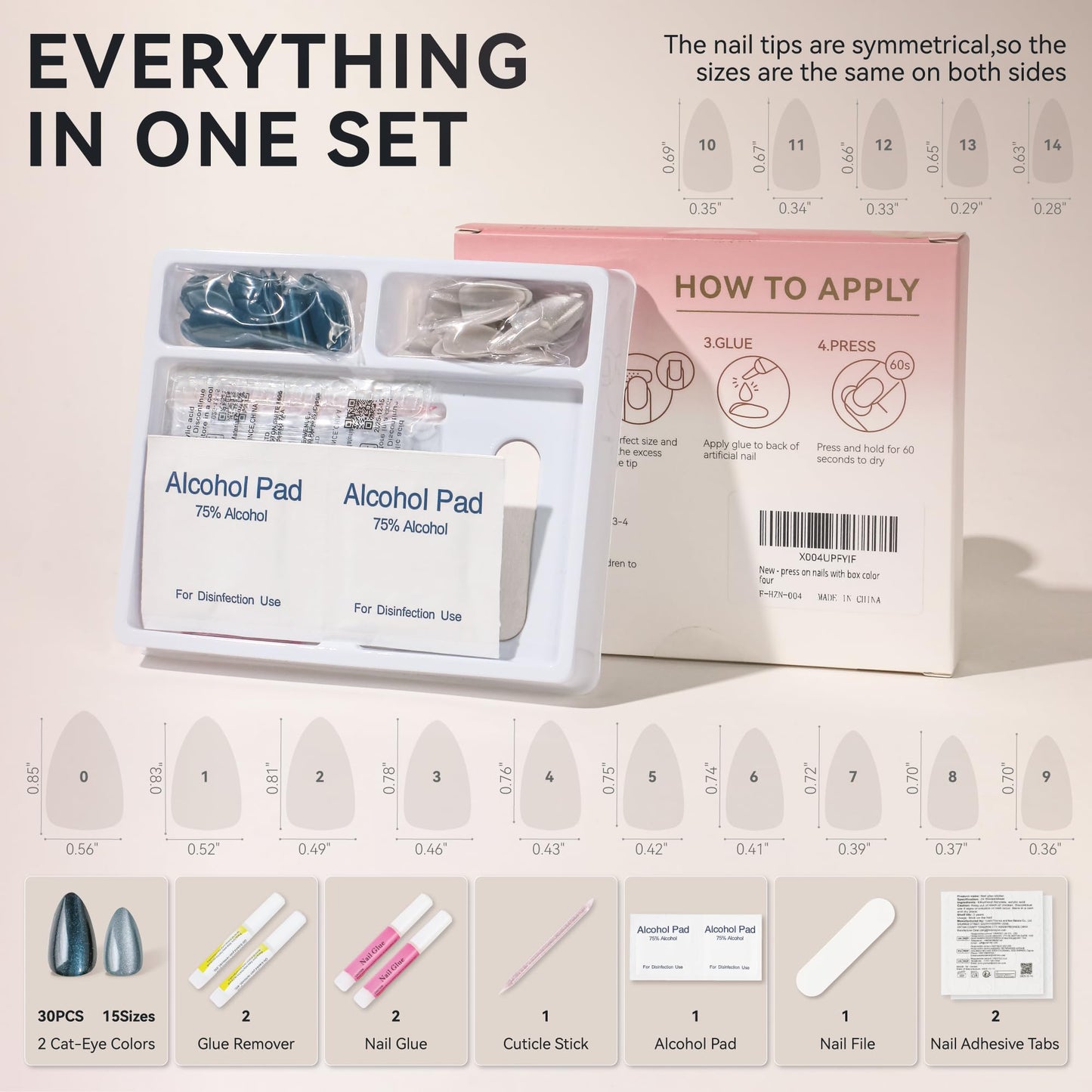 ELLEWIN 60 Pcs Cat Eye Press on Nails Medium Almond - Silver & Navy Blue, 15 Sizes Acrylic Glossy Glitter Stick on Nails Set with Glue, Remover & Accessories for Women