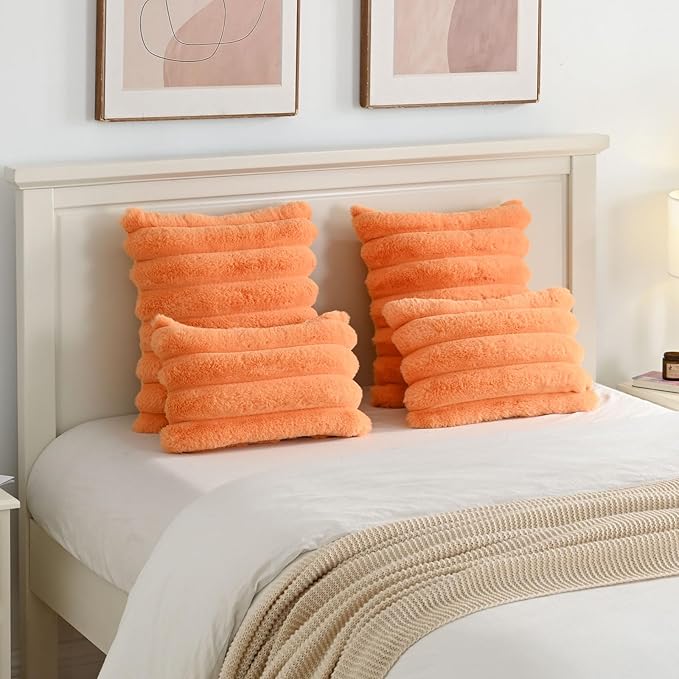 FUTEI Orange Decorative Throw Pillow Covers 22x22 Inch Set of 2, Square Soft Faux Rabbit Fur Thick Striped Cushion Cover,Winter Home Decor for Couch Bed Living Room