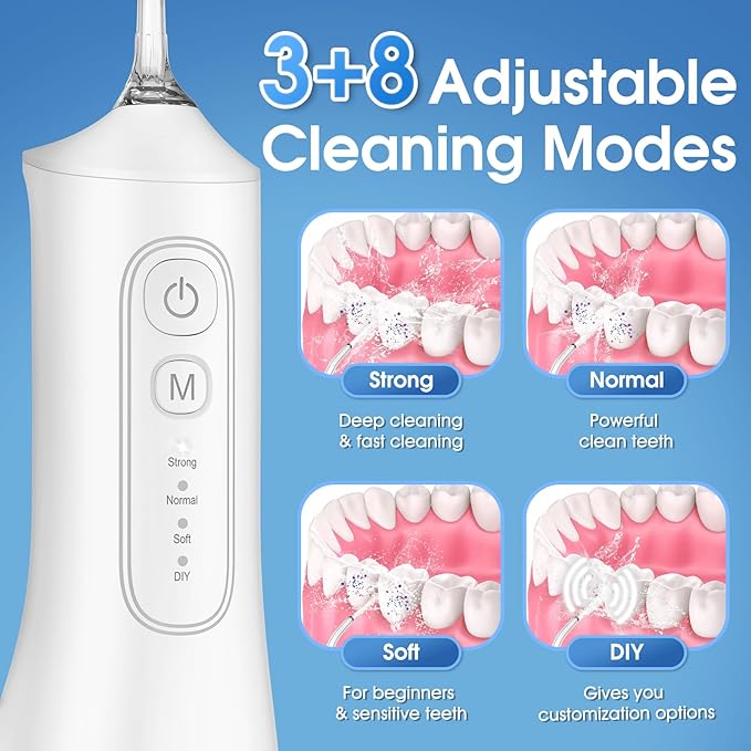 Water Flosser, Rechargeable 300ML IPX7 Waterproof Cordless Portable Oral Irrigator with 4 Modes & 6 Replaceable Jet Tips-Professional Flossing Cleaner for Daily Home Use,Travel,Gums,Braces Care(White)