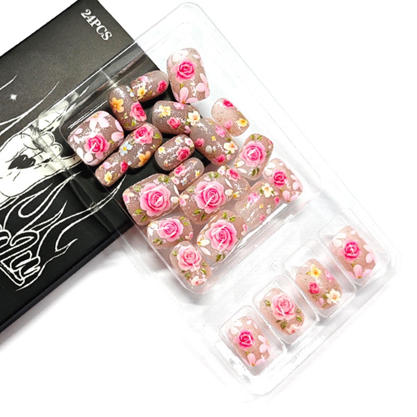 Floral Press on Nails Short Square Fake Nails with Flower Glitter Designs Cute Nails Press ons Pink Glue on Nails Glossy Acrylic Nails Summer Stick on Nails for Women 24Pcs