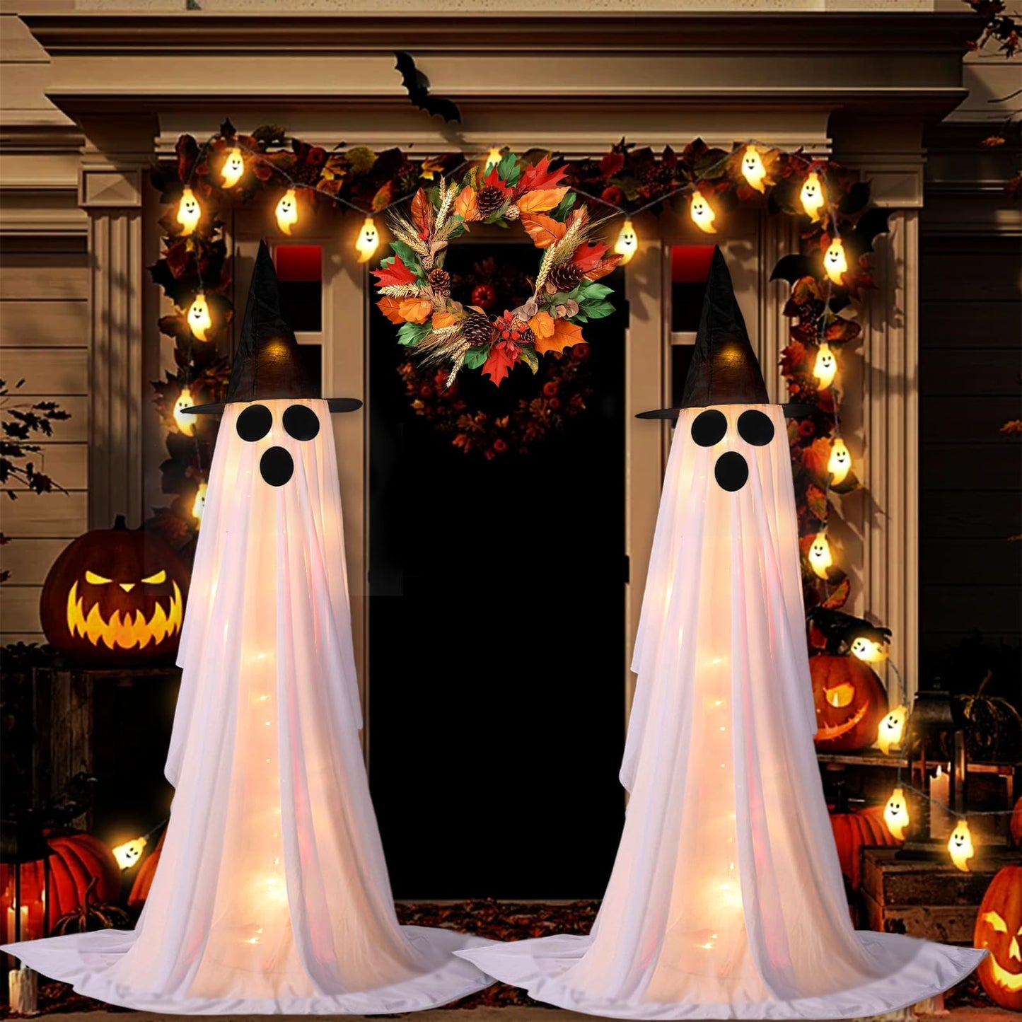 2Packs Halloween Decorations Outdoor,Halloweens Party Decoration Indoor,Spooky Ghost with Remote Control String Lights,Halloween-Ghost Lights for Porches Yards Gardens Lawn (Ghost Eyes)