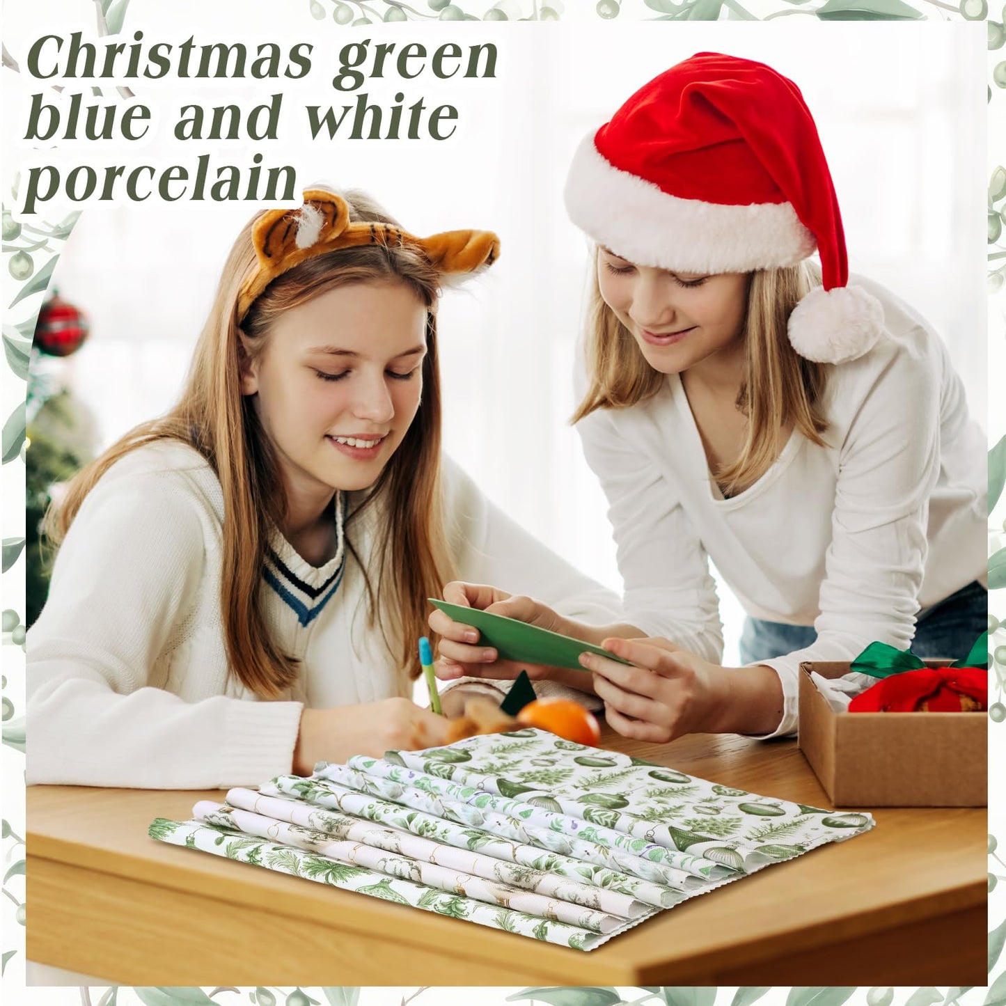 Oudain 60 Pcs 10 x 10 Inch Green Chinoiserie Quilting Fabric Squares Christmas Sage Greenery Fat Patchwork Precuts Pagoda Porcelain Plaid Fabric Bundles for Xmas DIY Craft Sewing Handmade Material